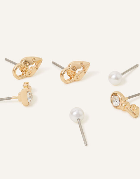 Lock and Key Stud Earrings Set of Three, , large