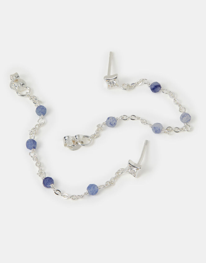 Sterling Silver-Plated Blue Quartz Chain Stud Earrings, , large
