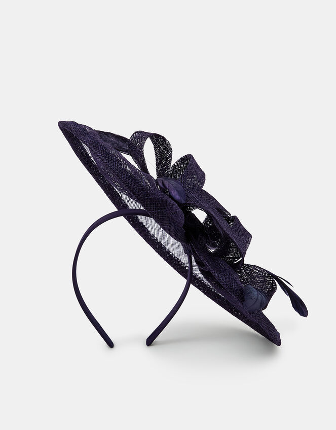 Woven Bow Feather Disc Fascinator, Blue (NAVY), large