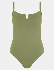 V Front Rib Shaping Swimsuit, Green (KHAKI), large