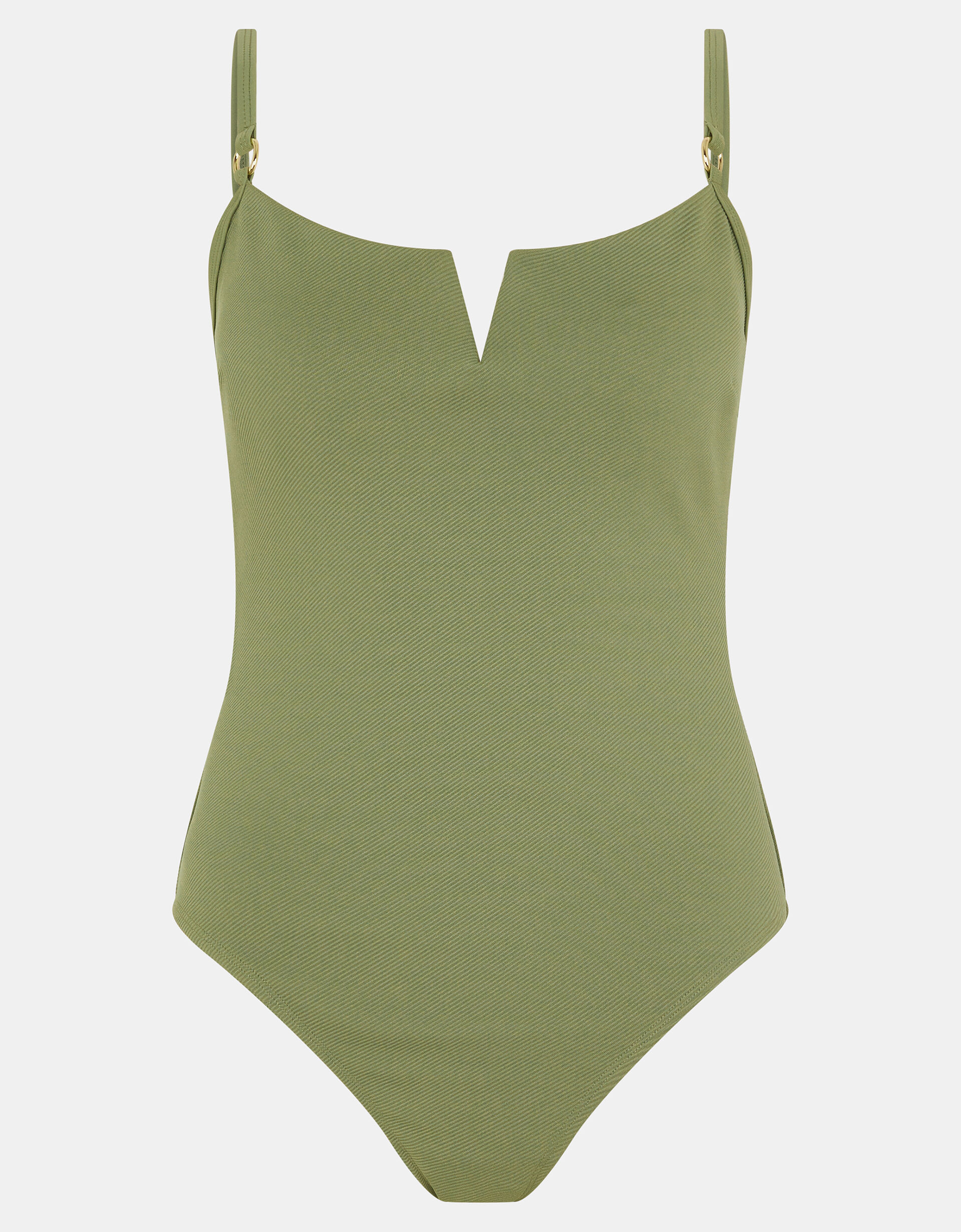 V Front Rib Shaping Swimsuit, Green (KHAKI), large