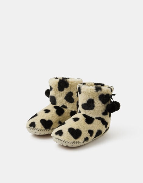 Fluffy Heart Print Slipper Boots, Black (BLACK WHITE), large