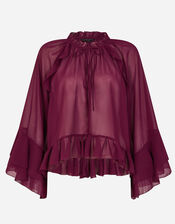 Ruffle Chiffon Blouse, Red (BURGUNDY), large