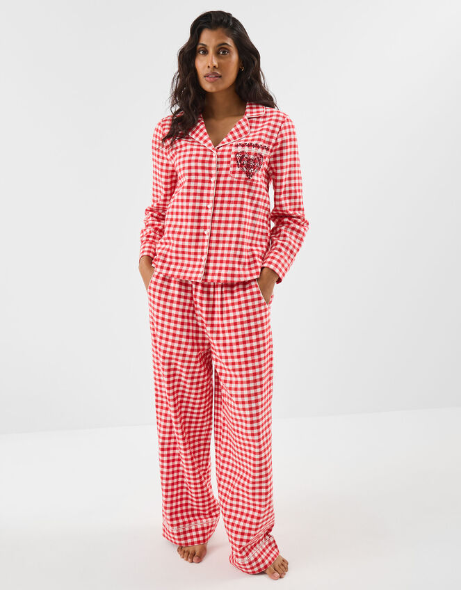 Embroidered Gingham Long Pyjamas Set, Red (RED), large