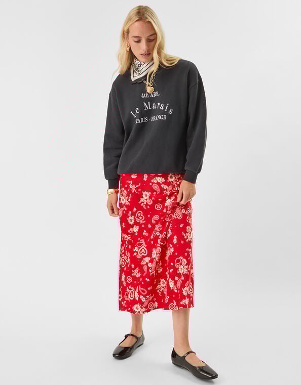 Paisley Print Satin Slip Skirt, Red (RED), large