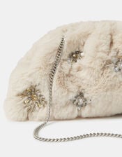 Brooch Embellished Faux Fur Clutch Bag, , large