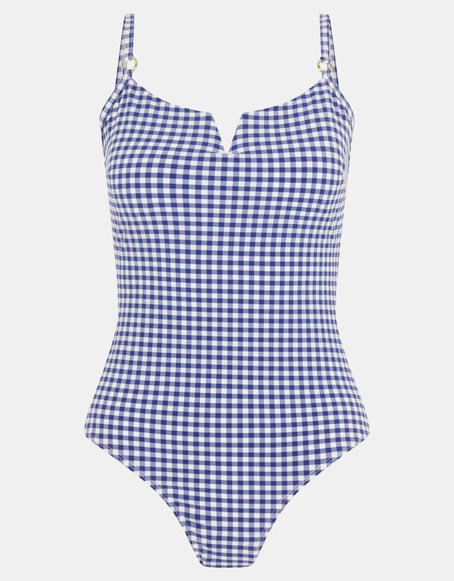 V-Front Gingham Shaping Swimsuit, Blue (NAVY), large
