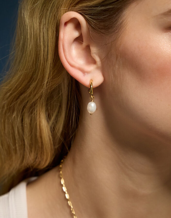 14ct Gold-Plated Pearl Drop Hoop Earrings, , large