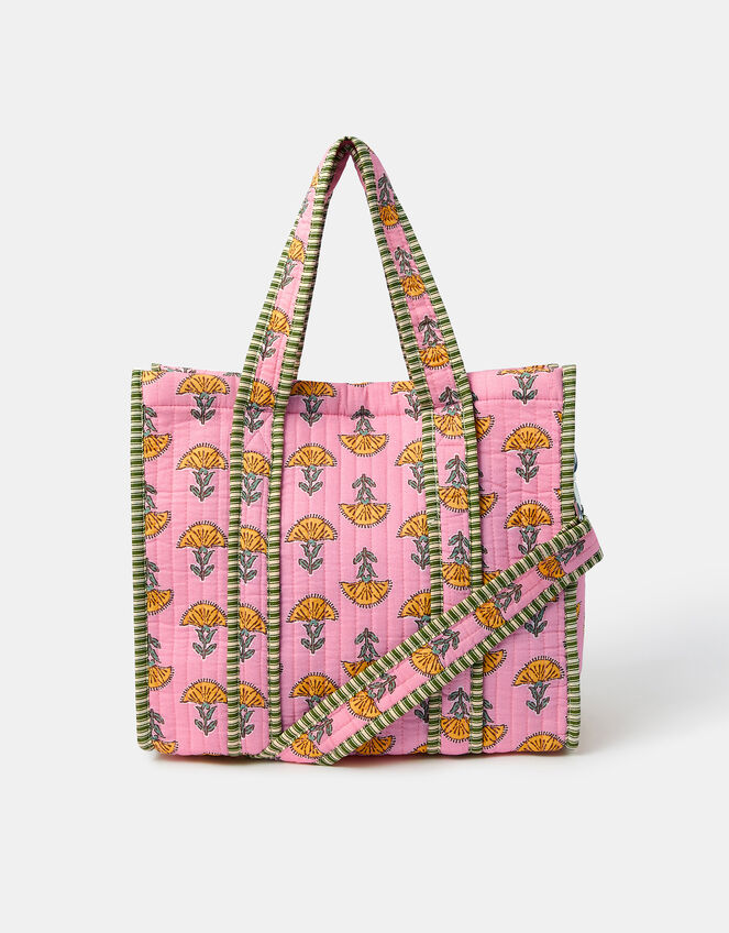 Floral Block Print Quilted Handbag, , large