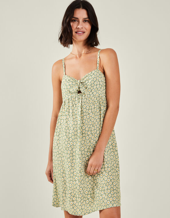 Daisy Print Tie-Front Mini Dress, Green (LIGHT GREEN), large