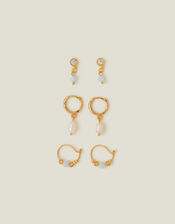 3-Pack 14ct Gold-Plated Pearl Earrings, , large
