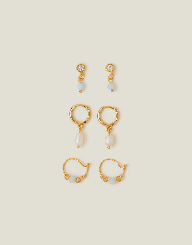 3-Pack 14ct Gold-Plated Pearl Earrings, , large