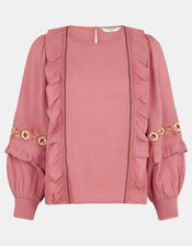 Floral Embroidered Ruffle Blouse, Pink (PINK), large