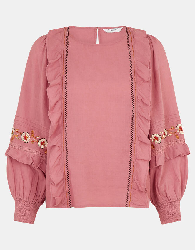 Floral Embroidered Ruffle Blouse, Pink (PINK), large