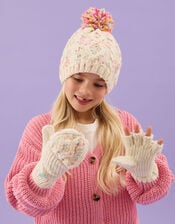Girls Speckled Fingerless Gloves with Mittens, Ivory (IVORY), large