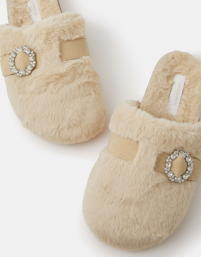 Sparkle Buckle Faux Fur Slippers, Natural (NATURAL), large