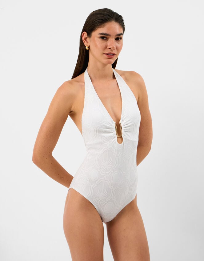 Tropical Jacquard Plunge Swimsuit, White (WHITE), large