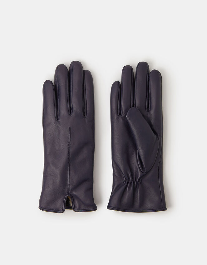 Faux Fur Lined Leather Gloves, Blue (NAVY), large
