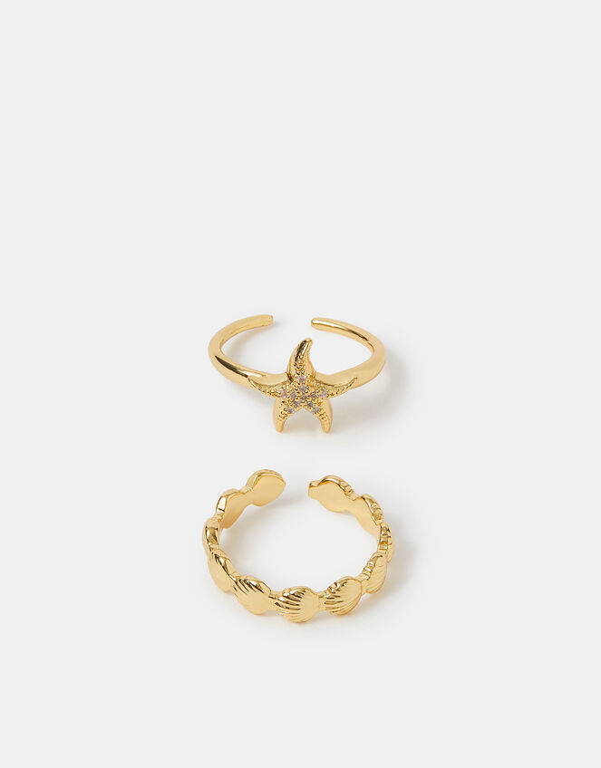 2-Pack 14ct Gold-Plated Starfish & Shell Rings, , large