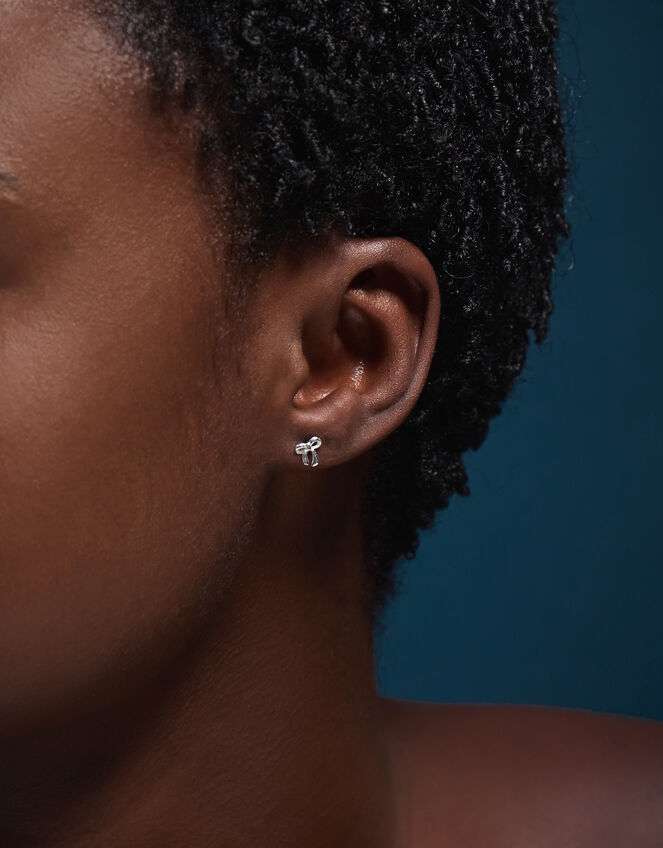 Sterling Silver Bow Stud Earrings, , large