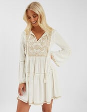 Embroidered Flute-Sleeve Mini Dress, Ivory (IVORY), large