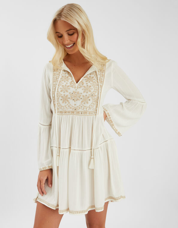 Embroidered Flute-Sleeve Mini Dress, Ivory (IVORY), large