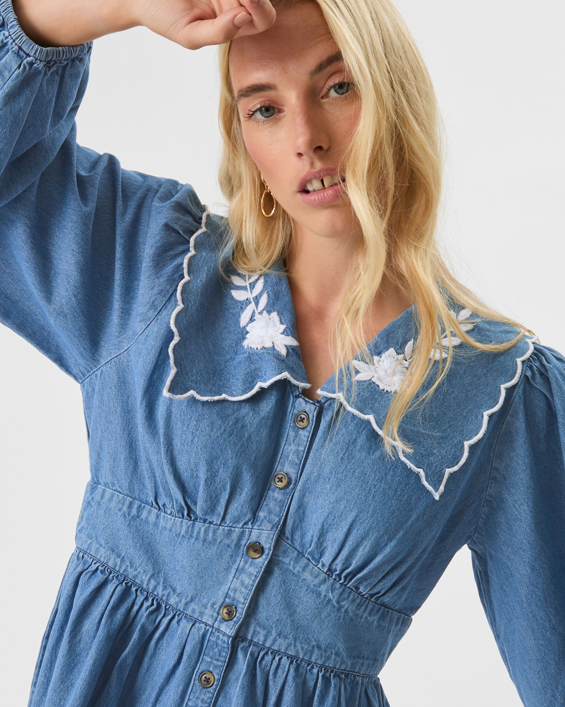 Embroidered Collar Denim Mini Dress Blue | Dresses | Accessorize UK