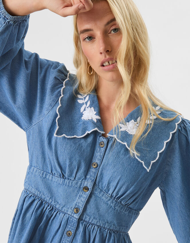 Embroidered Collar Denim Mini Dress, DENIM, large
