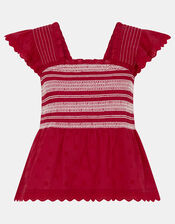 Smocked Broderie Top, Red (RED), large