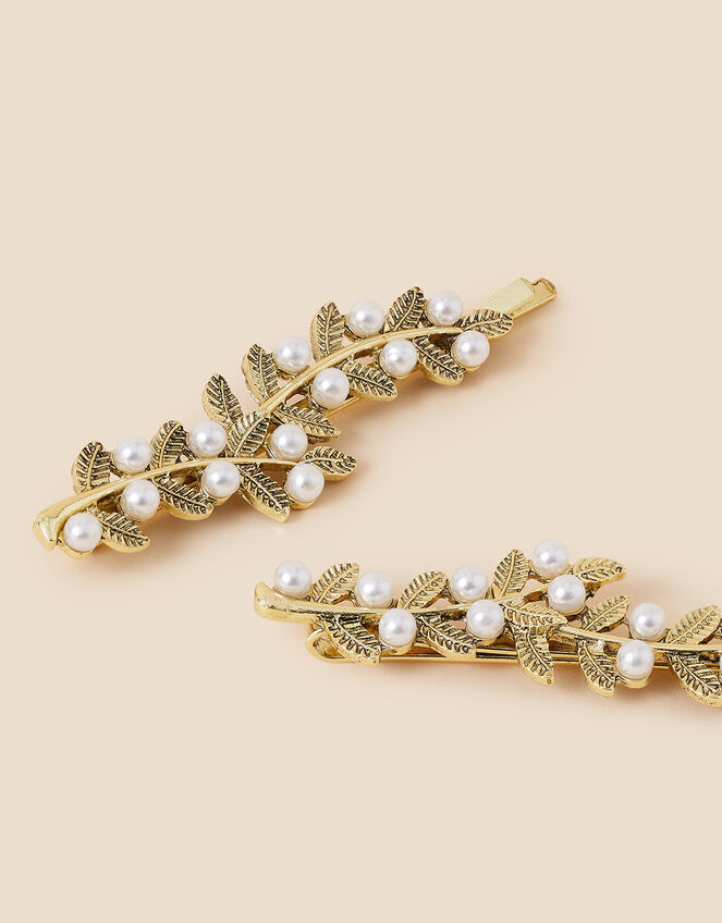 Pearl Leaf Hair Slides Set of Two, , large