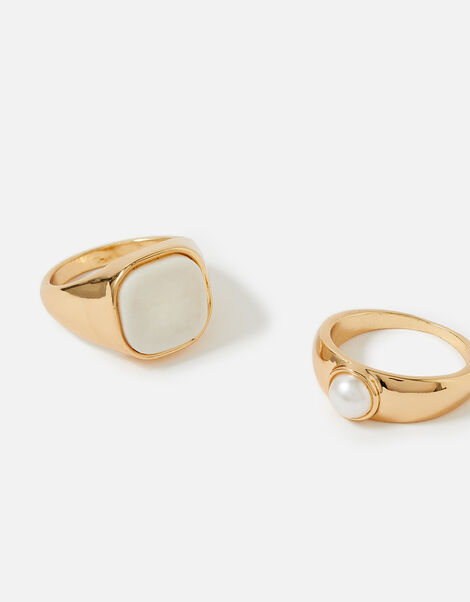 Pearl Signet Rings Set of Two Cream, Cream (PEARL), large