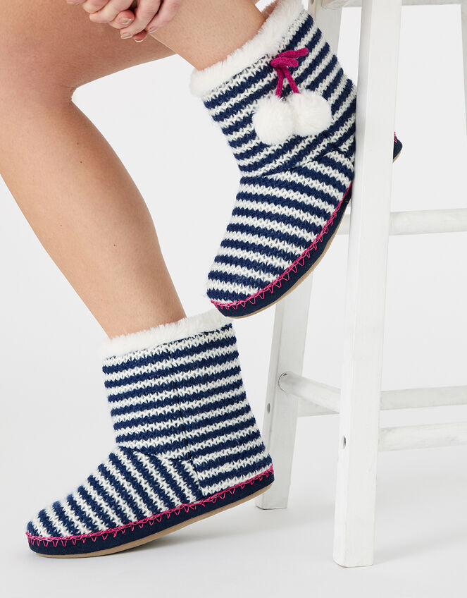 Stripe Pom-Pom Knit Slipper Boots, Blue (NAVY), large