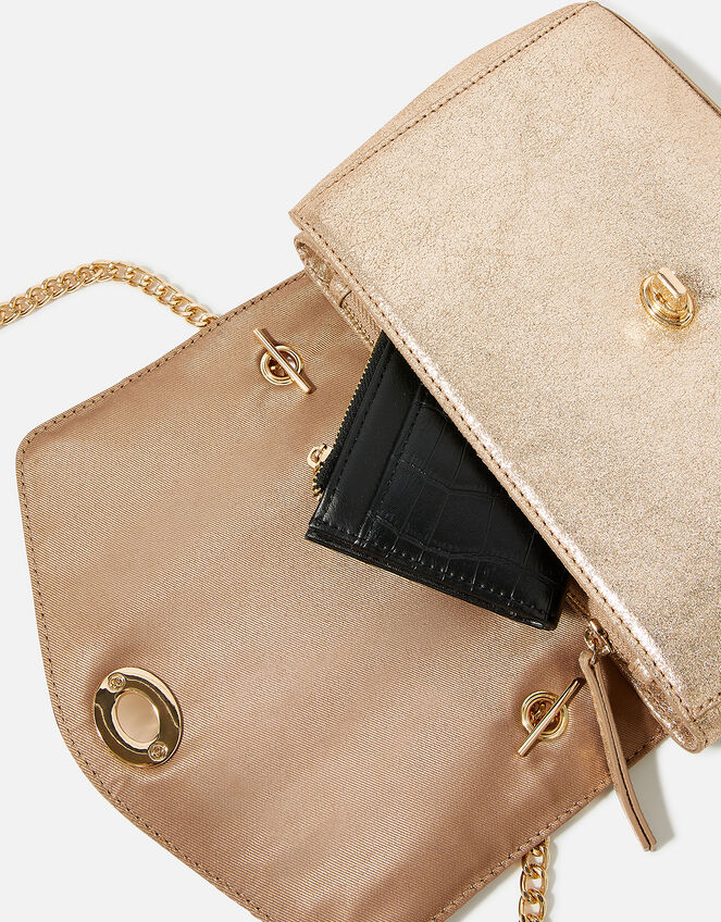 Leather Twist Lock Chain Cross-Body Bag, Gold (GOLD), large