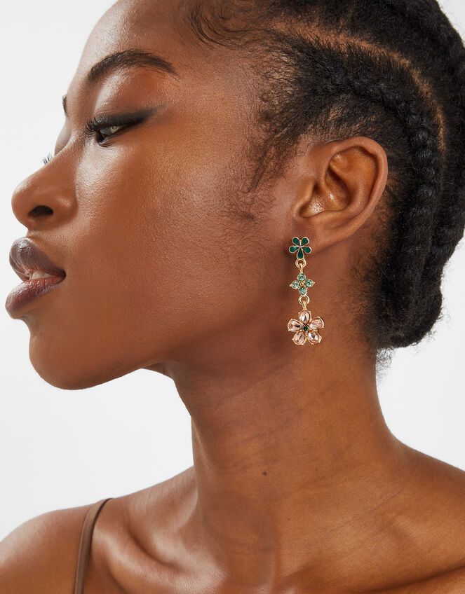 Triple Gem Flower Drop Earrings, , large