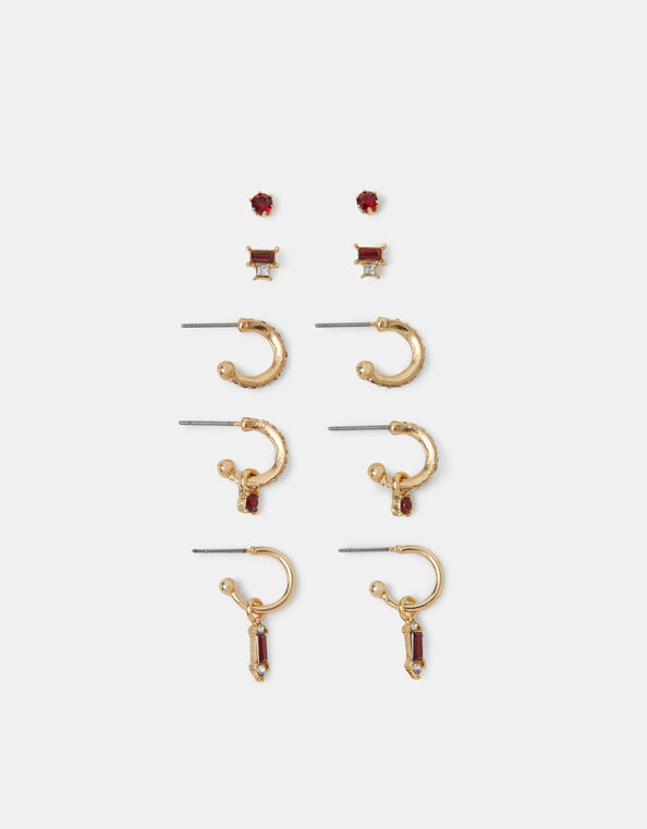 5-Pack Gemstone Stud & Hoop Earrings, Red (BURGUNDY), large