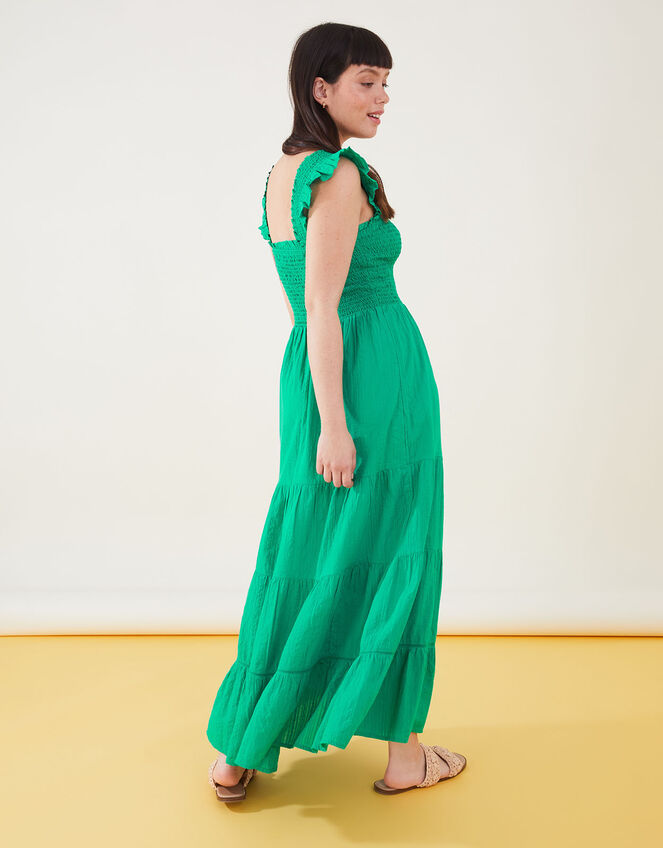 Frill Shoulder Shirred Midi Dress, Green (GREEN), large