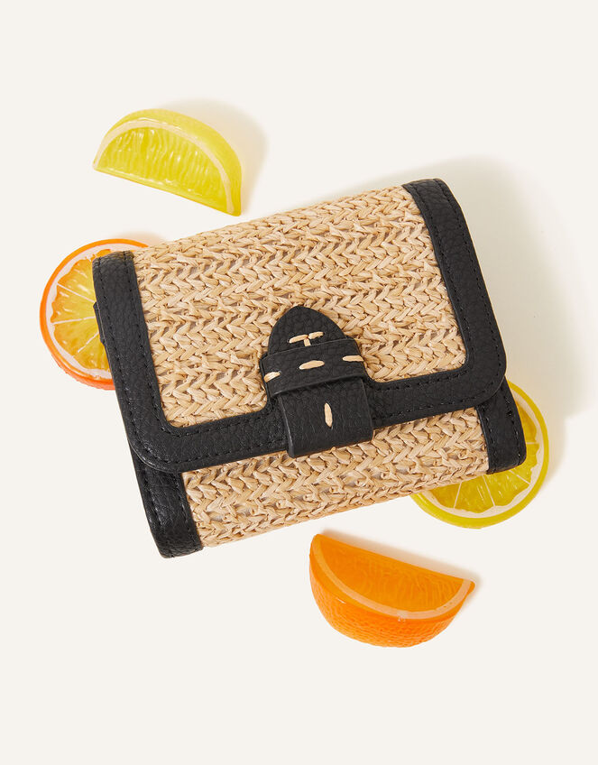 Small Contrast Raffia Purse, Black (BLACK), large