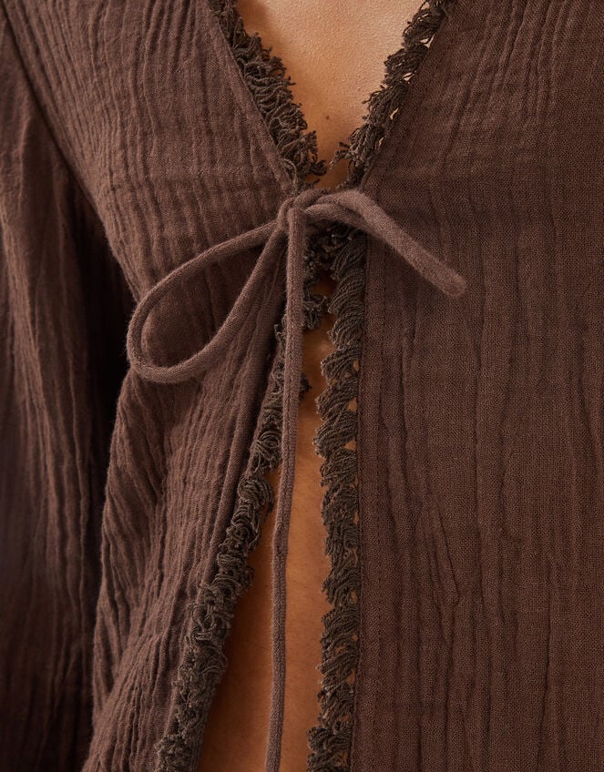 Crinkle Long Sleeve Tie Top, Brown (CHOCOLATE), large