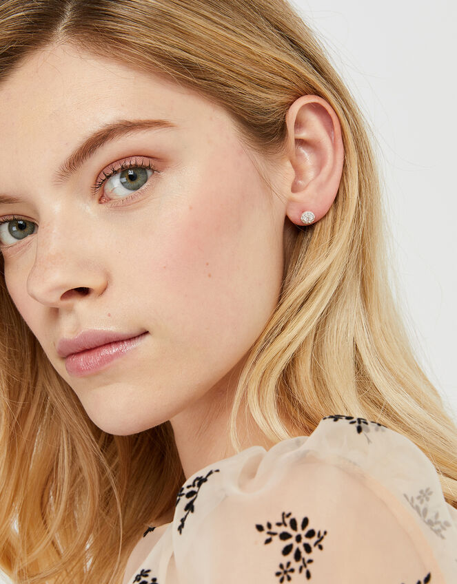 Sterling Silver Sparkle Halo Stud Earrings, , large