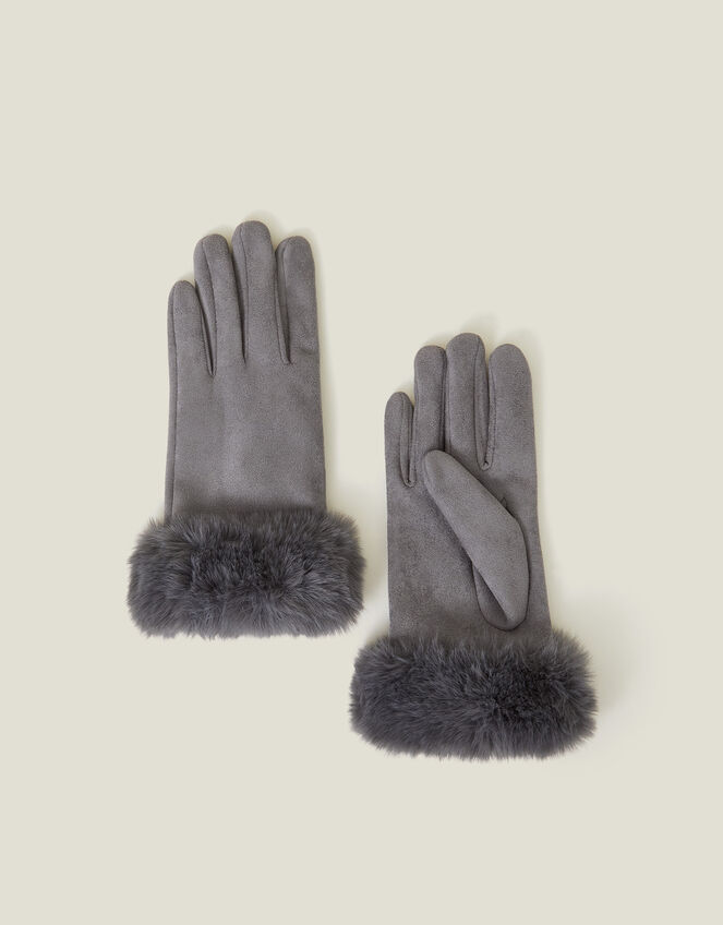 Suedette Faux Fur Cuff Gloves, Grey (GREY), large