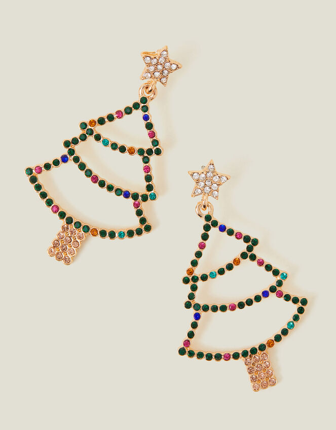 Gem Cut Out Christmas Tree Drop Earrings, , large