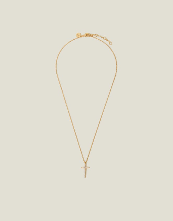 14ct Gold-Plated Sparkle Cross Pendant Necklace, , large