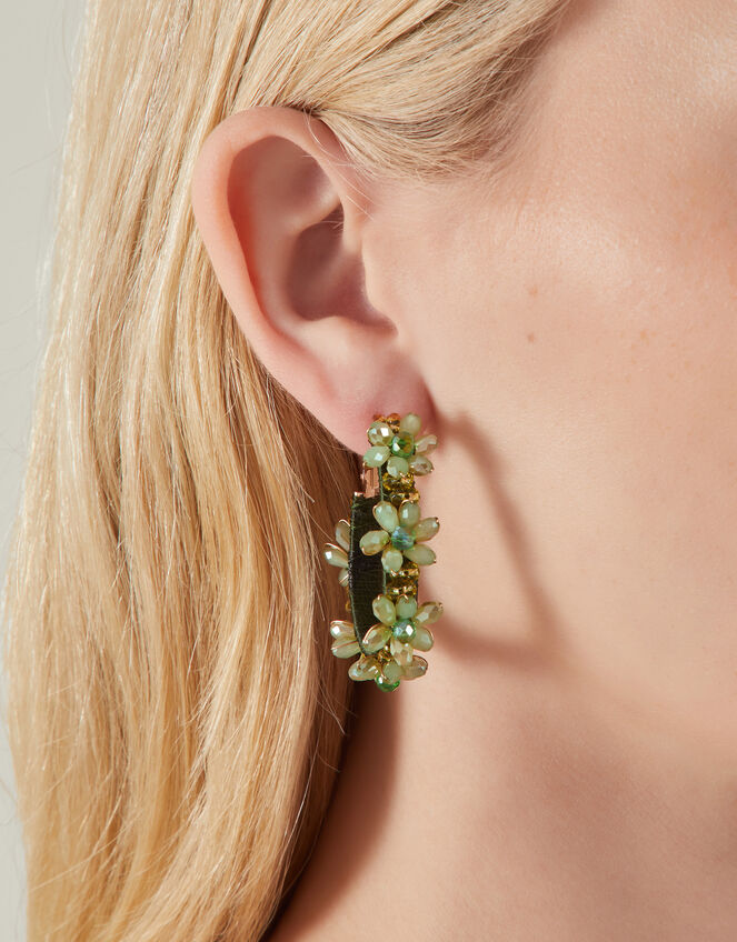 Flower Beaded Hoop Earrings, , large