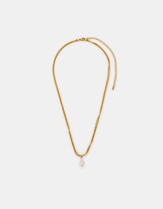 Stainless Steel Layered Pearl Charm Necklace, , large