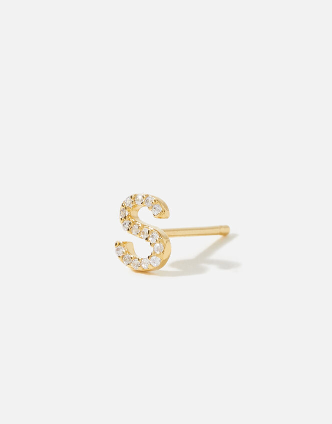 Gold-Plated Sparkle Initial Single Stud Earring, Gold (GOLD), large
