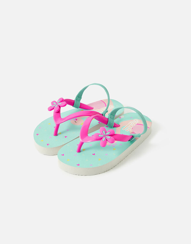 Girls Flamingo Flip Flops, Blue (AQUA), large