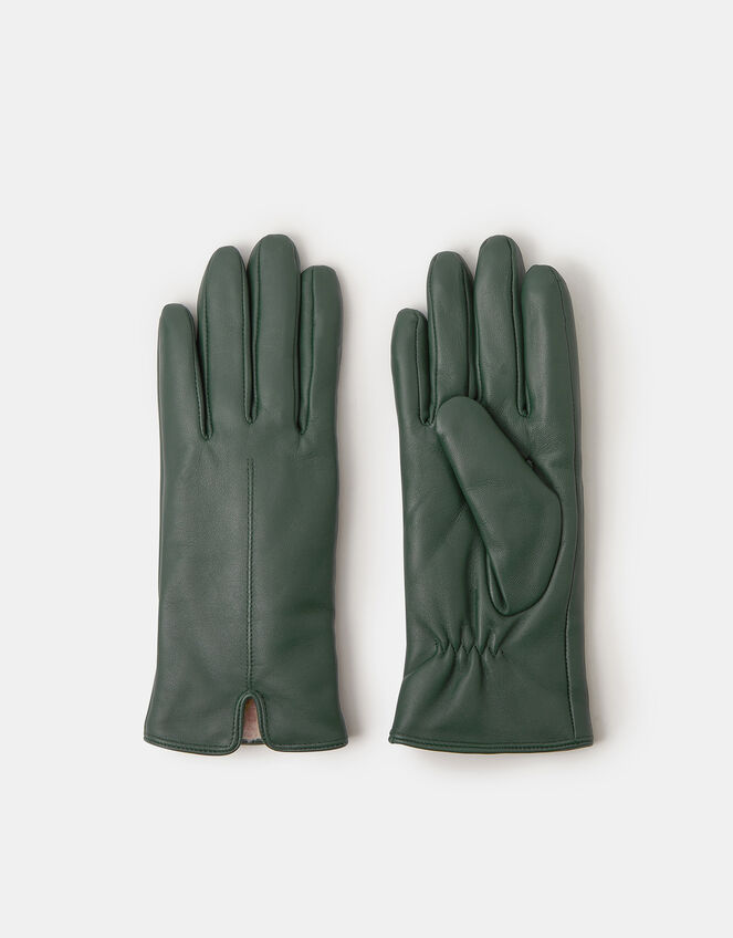 Faux Fur Lined Leather Gloves, Green (GREEN), large