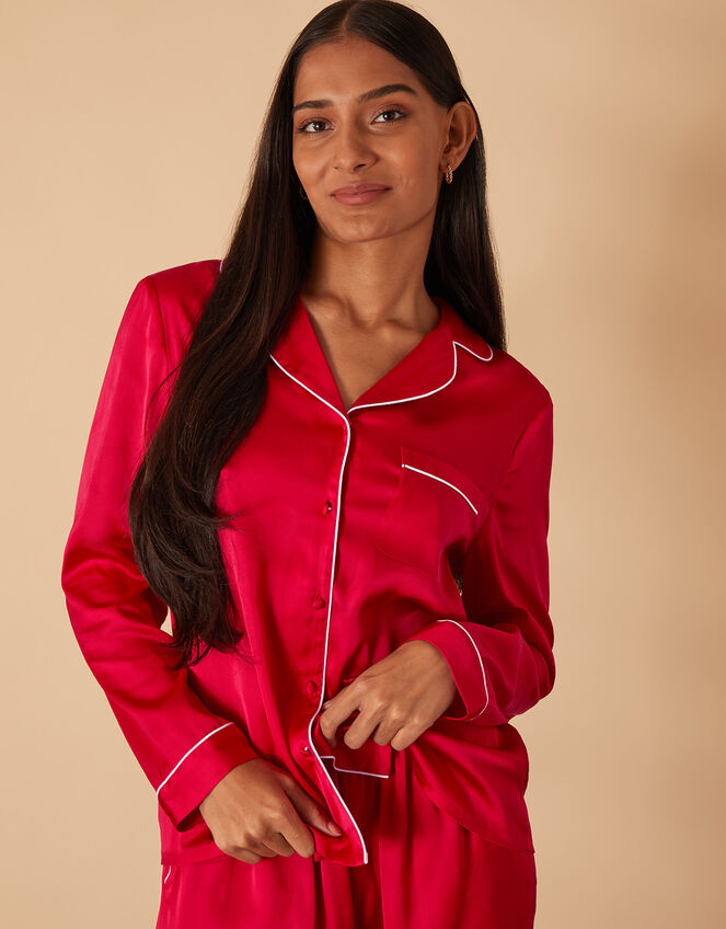 Button Satin Full-Length Pyjama Set, Red (RED), large