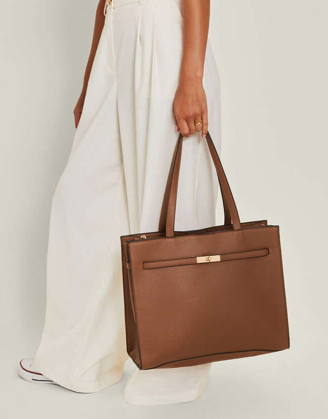 Metal Twist Lock Tote Bag, Tan (TAN), large