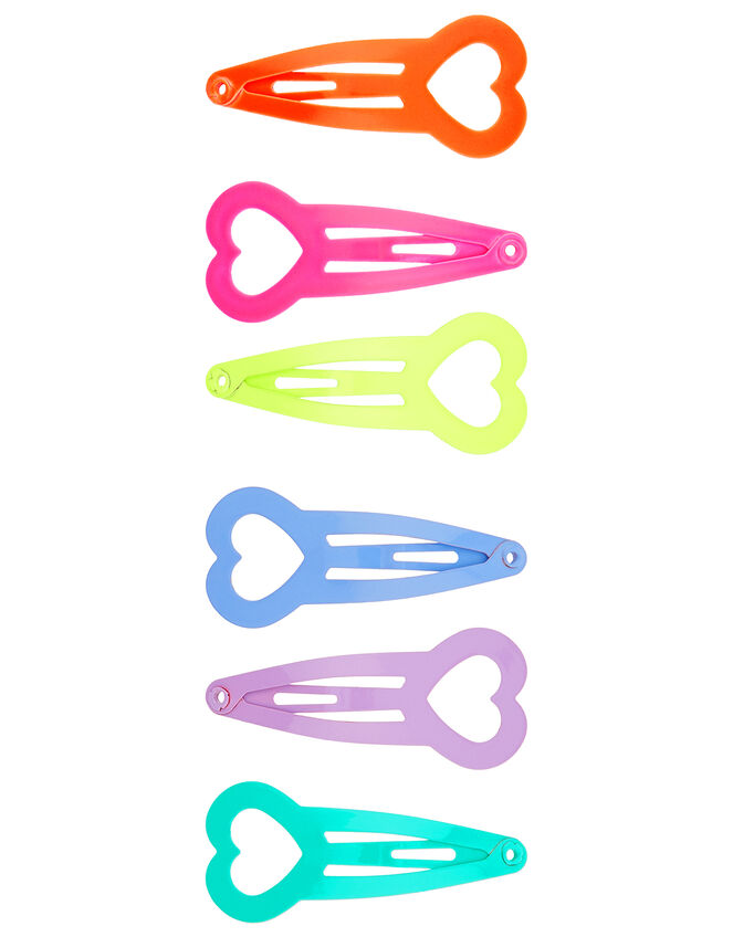 6 Neon Heart Hair Clips, , large